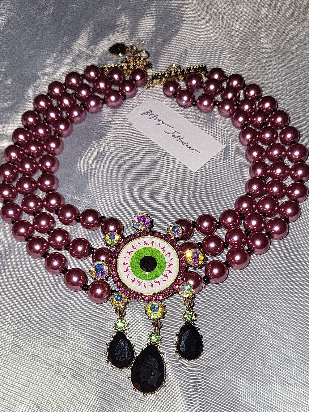 Betsey Johnson Plum Pearl Multi-Strand Choker with Eyeball Pendant Ha